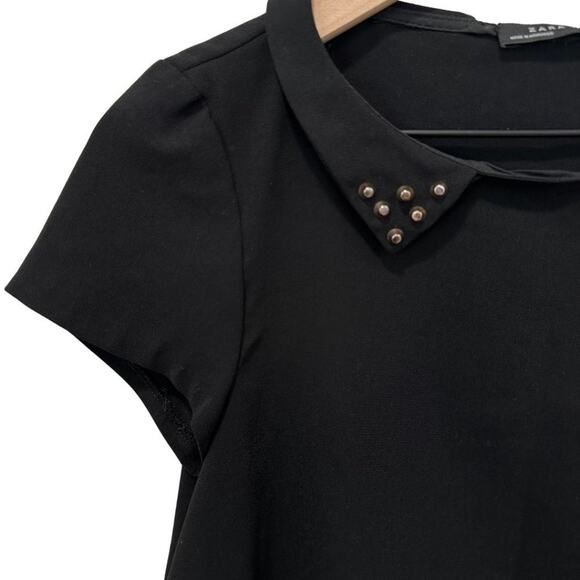 Zara Crew Neck Solid Cap Sleeve with Studded Collar Black S - Picture 6 of 11